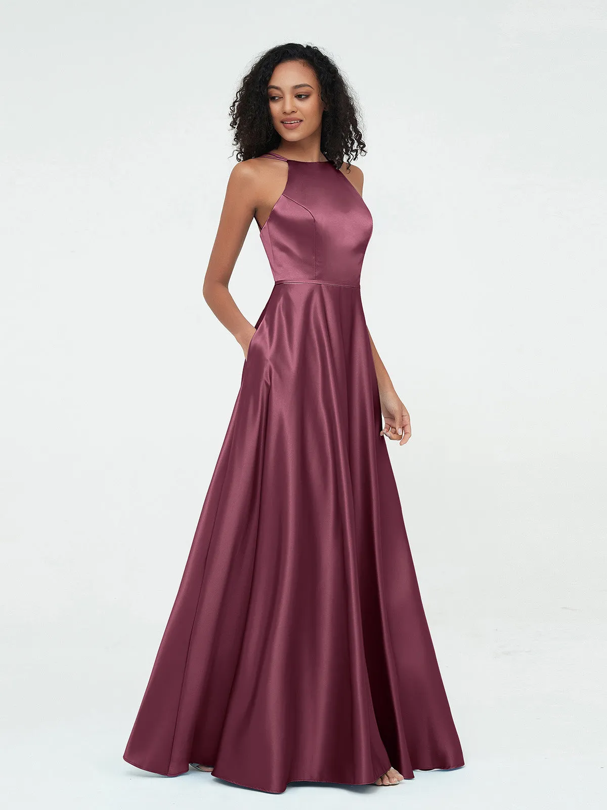 A-ligne Robes Maxi à Licou en Satin avec Poches Mûre