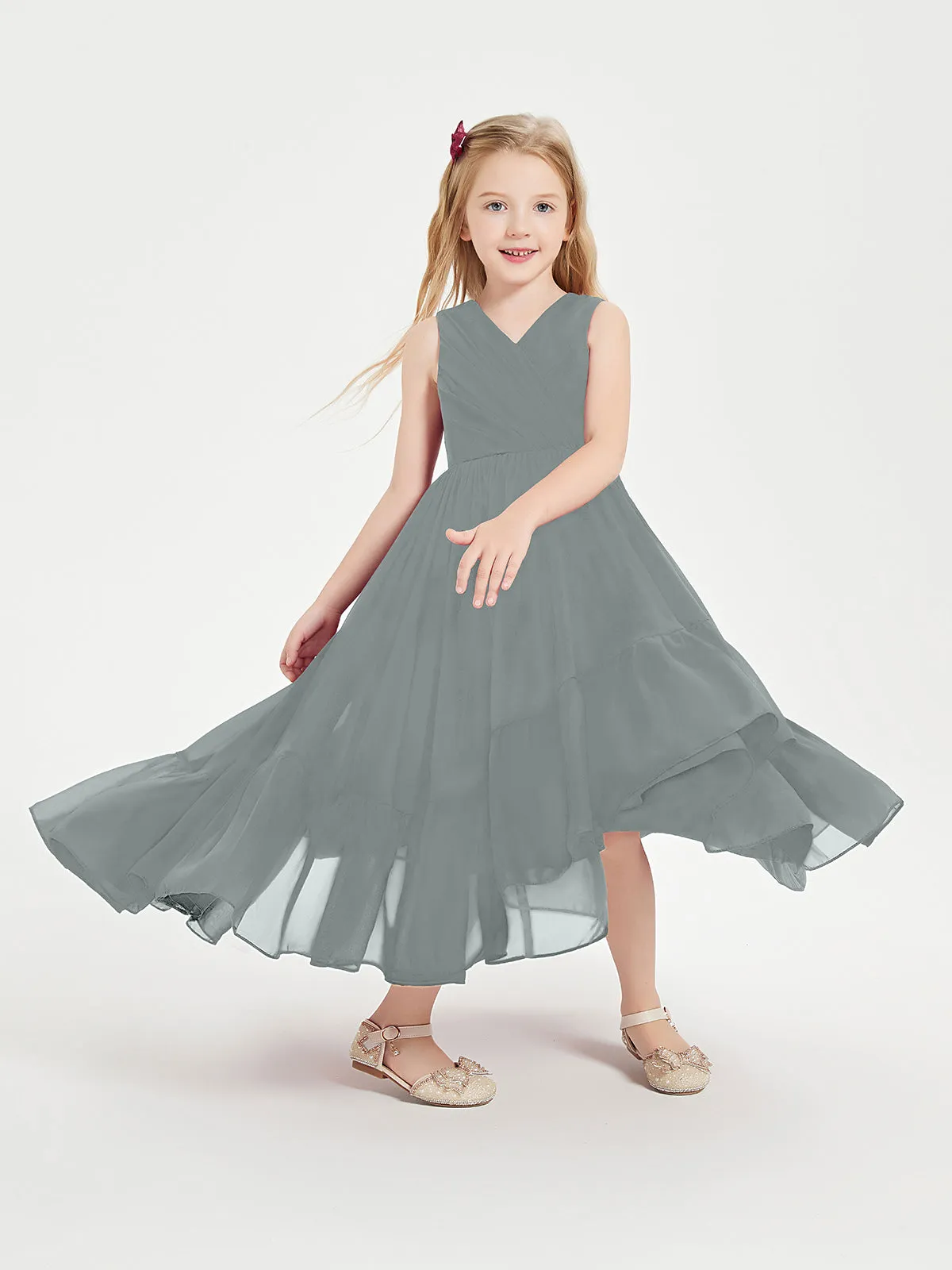Boho Robes de Demoiselles d'Honneur Junior à Jupe en Cascade Gris Acier