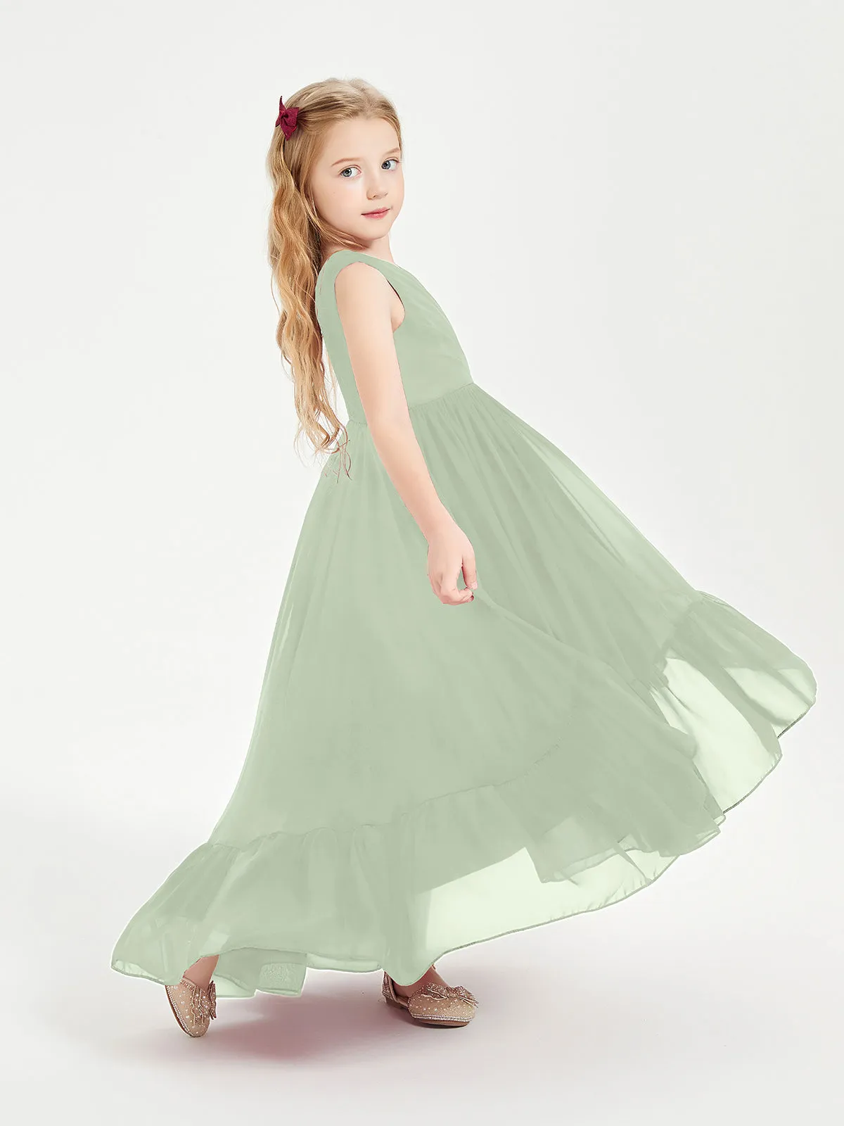 Boho Robes de Demoiselles d'Honneur Junior à Jupe en Cascade Sauge Poudrée
