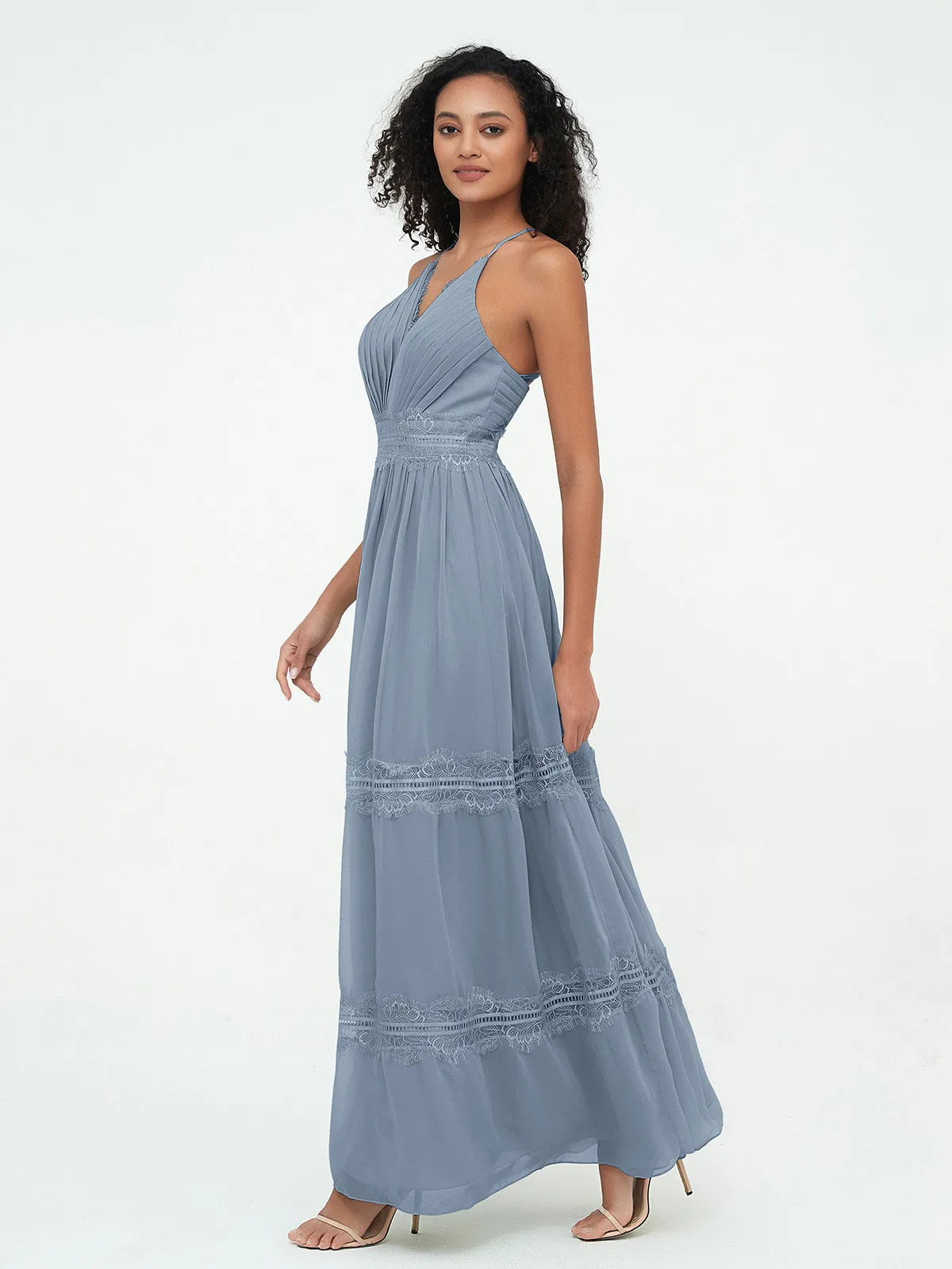 Boho Robes Jupe à Plusieurs Niveaux en Dentelle et Mousseline Bleu Poudré