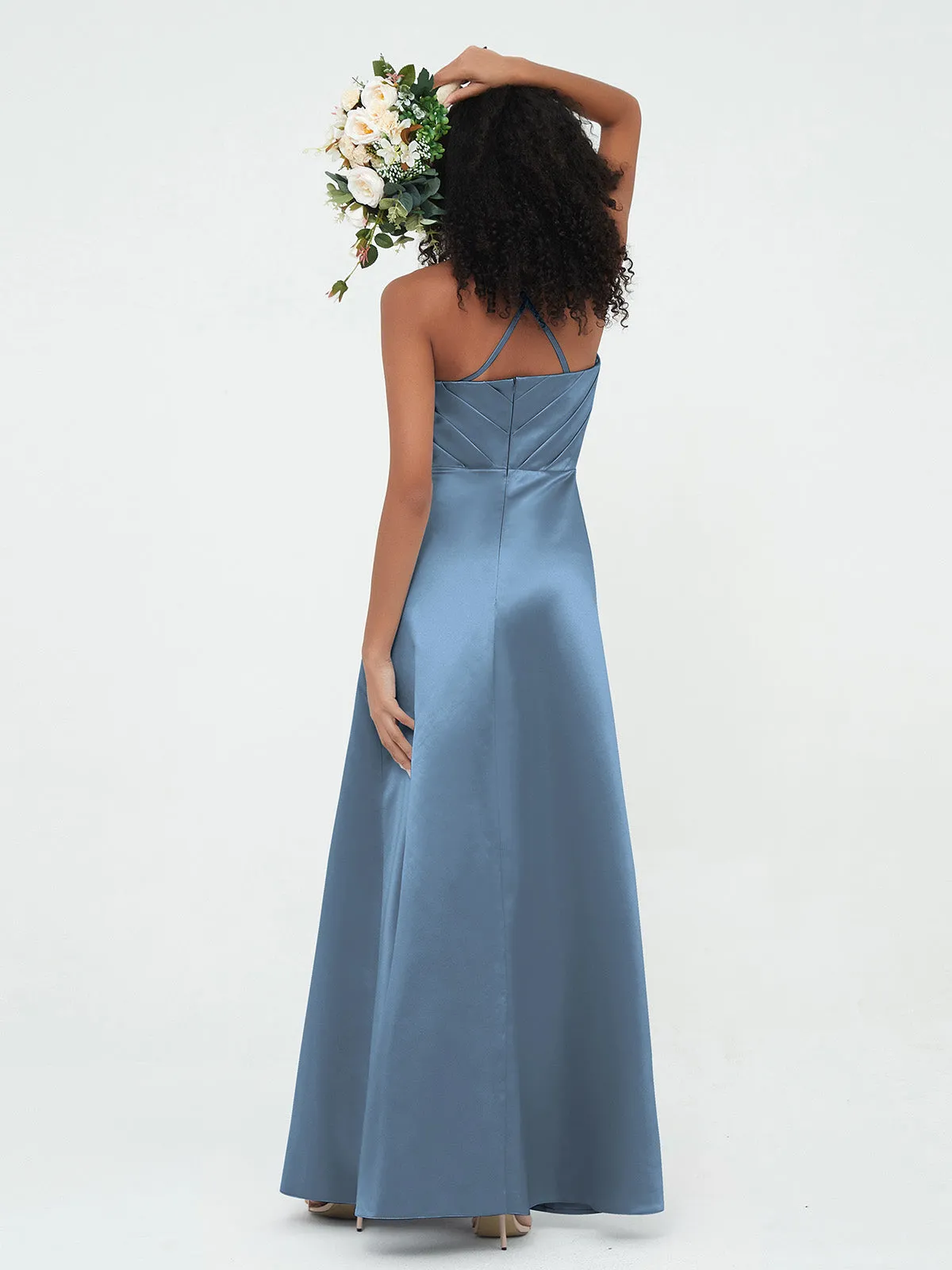 Bretelles Spaghetti Corsage Plissé Robes en Satin Bleu de Schiste Grande Taille