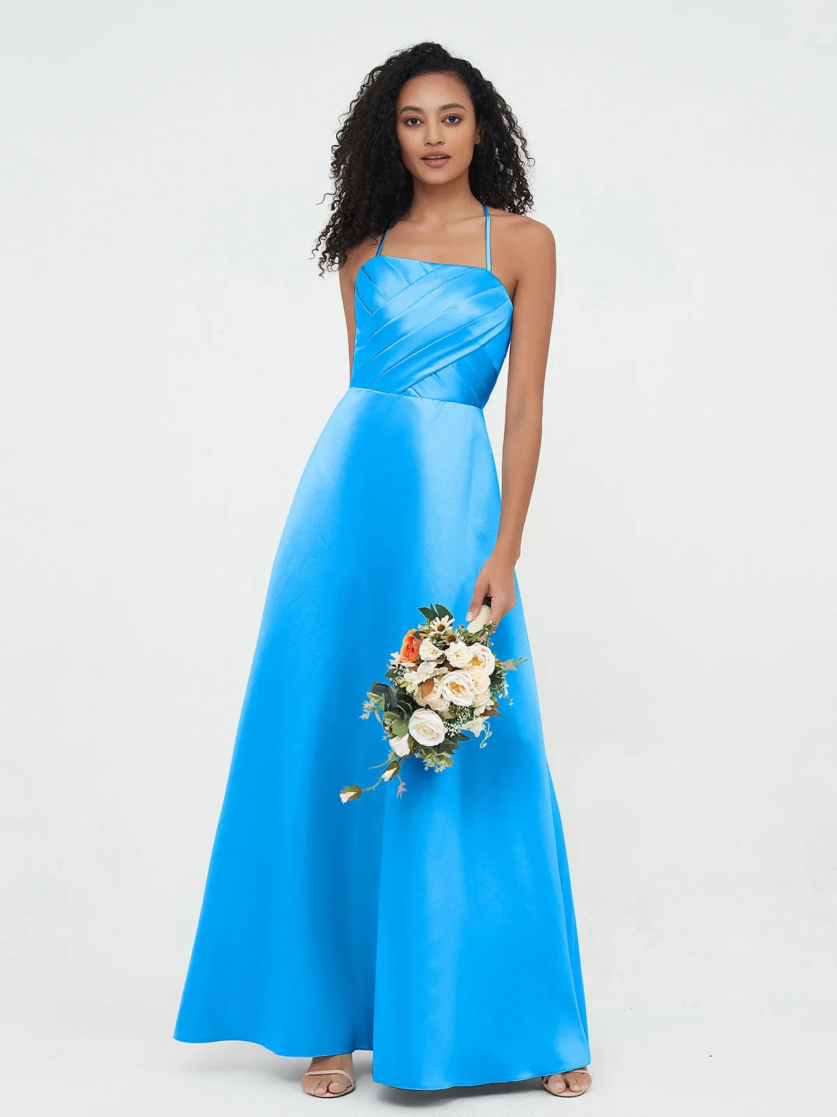 Bretelles Spaghetti Corsage Plissé Robes en Satin Bleu Océan