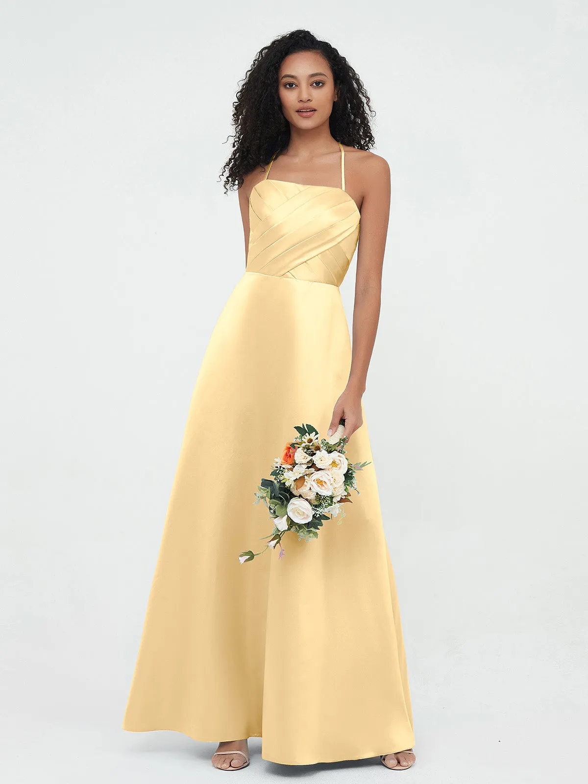 Bretelles Spaghetti Corsage Plissé Robes en Satin Or