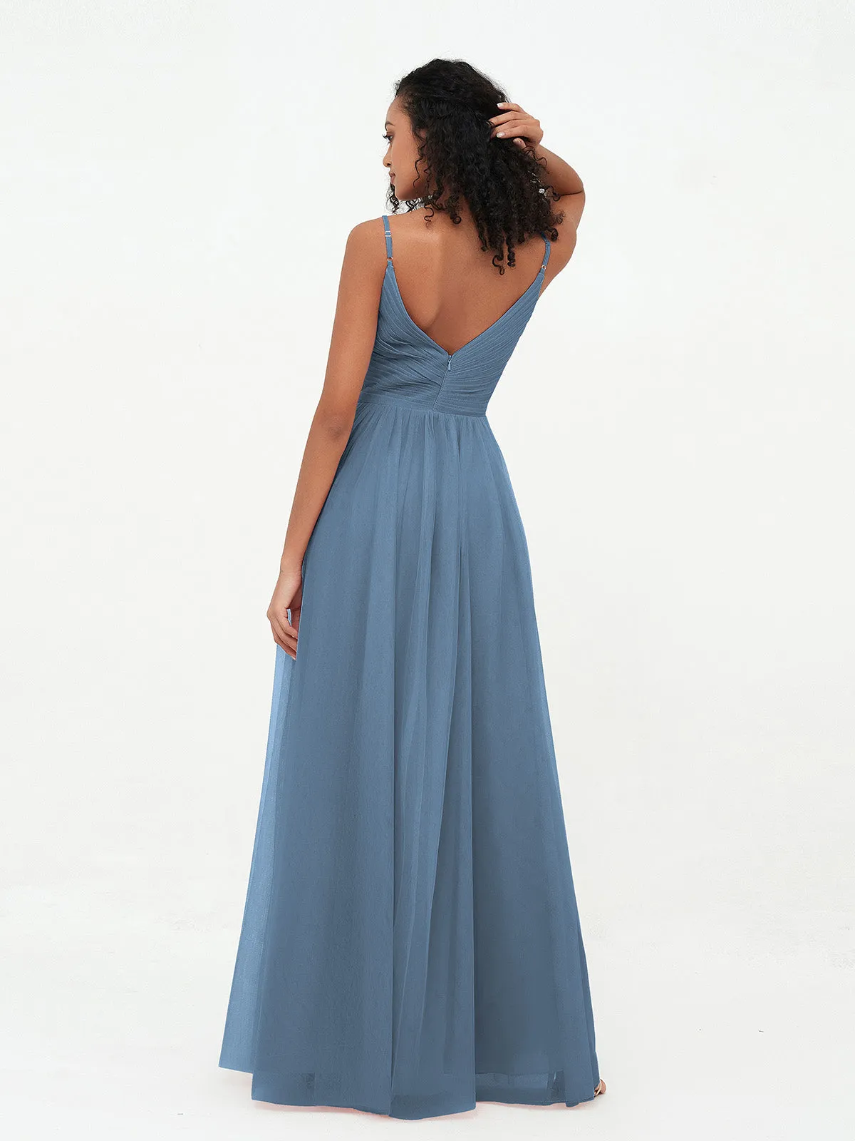 Bretelles Spaghetti Robes Maxi Plissé en Tulle Bleu de Schiste Grande Taille