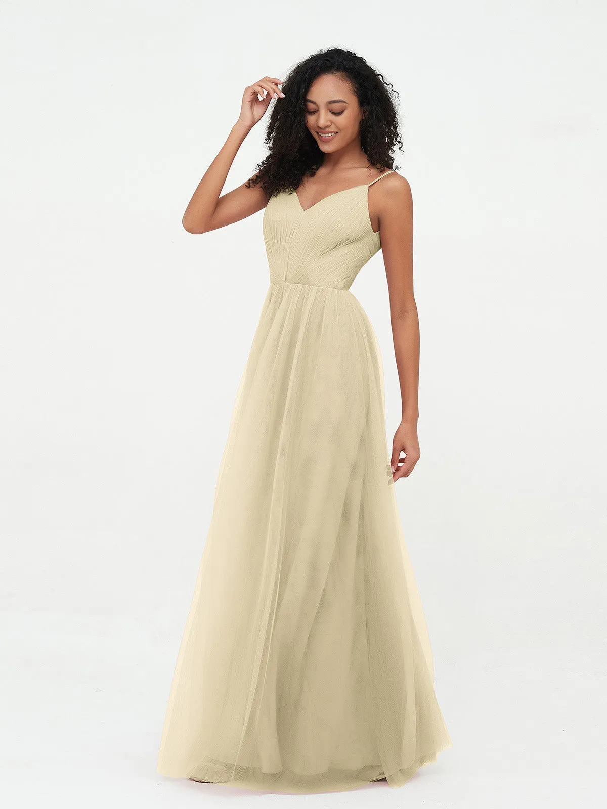 Bretelles Spaghetti Robes Maxi Plissé en Tulle Champagne Grande Taille