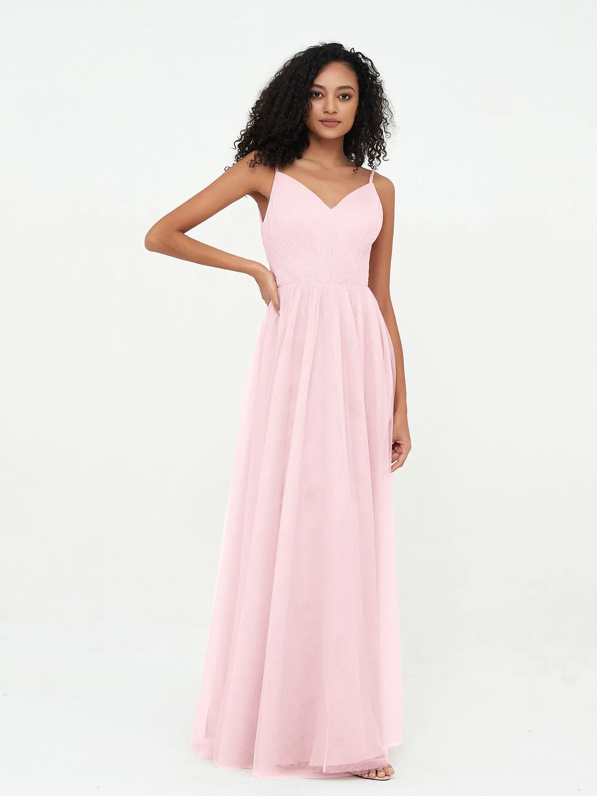 Bretelles Spaghetti Robes Maxi Plissé en Tulle Rose Pâle