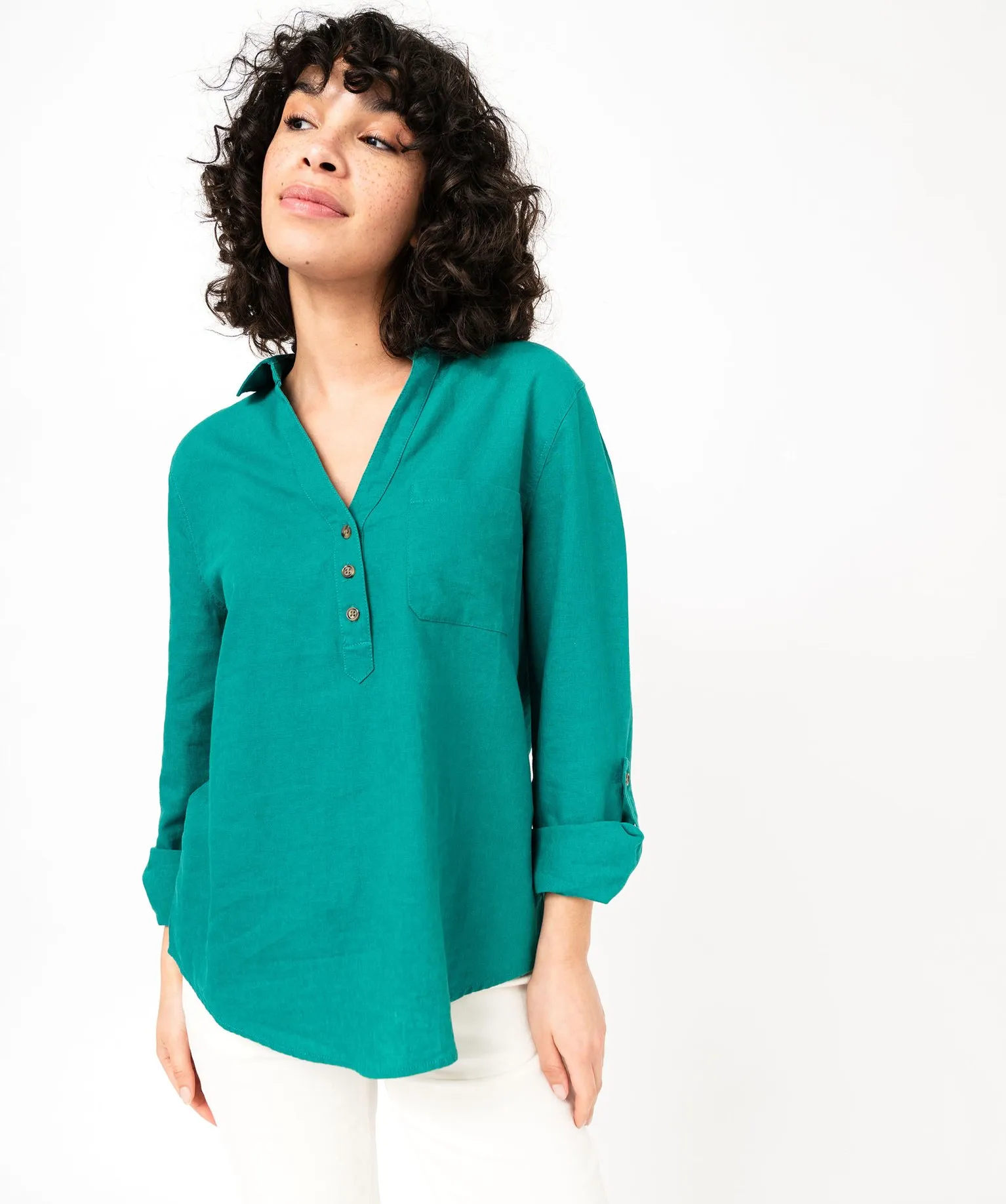 chemise a manches longues contenant du lin femme vert chemisiers
