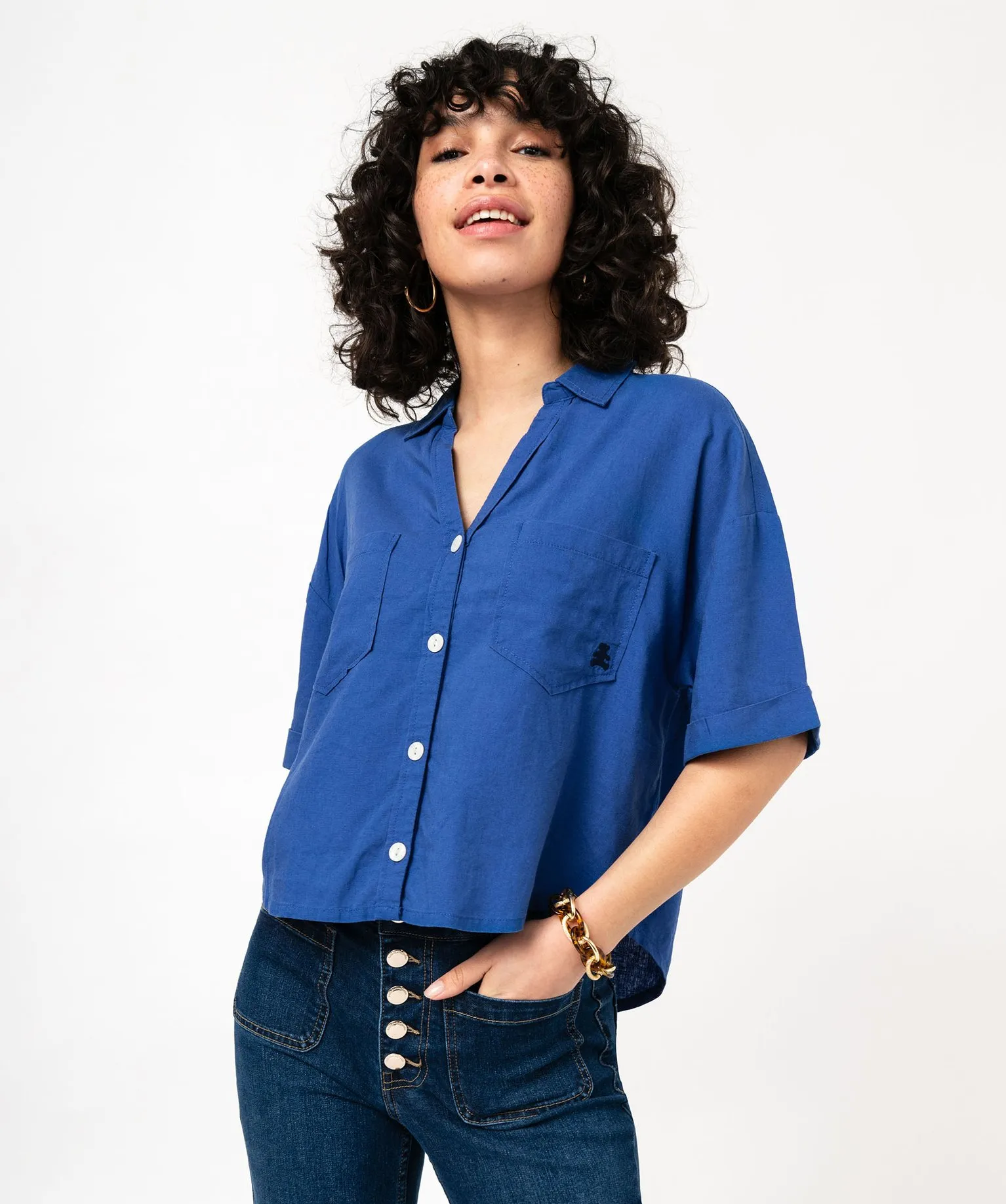chemise manches courtes ample et courte femme - lulucastagnette bleu chemisiers