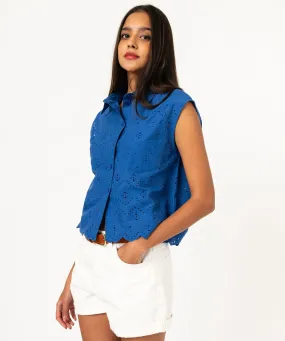 chemise sans manches en broderie anglaise femme bleu chemisiers