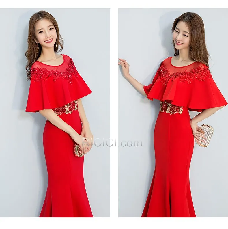 Dentelle Robe Mère De Mariée Demi Manche Peplum 2018 Perlage Sirène Col Bateau À Volants