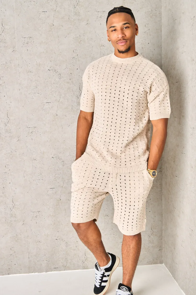 Ensemble 2 pièces t-shirt + short en laine ajouré beige