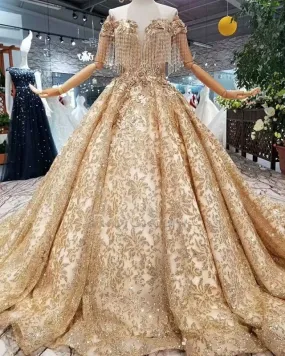 Glitter Dos Nu Robe De Mariée Sequin Boule Perlage Longue Dorée Scintillante Décolleté