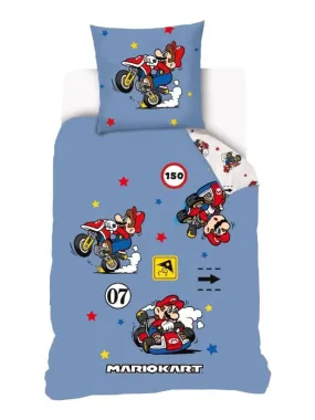 Housse de couette Mariokart 140x200 cm et taie d'oreiller - 100% Coton - Bleu