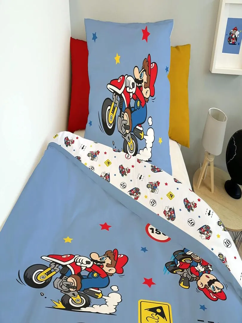 Housse de couette Mariokart 140x200 cm et taie d'oreiller - 100% Coton - Bleu