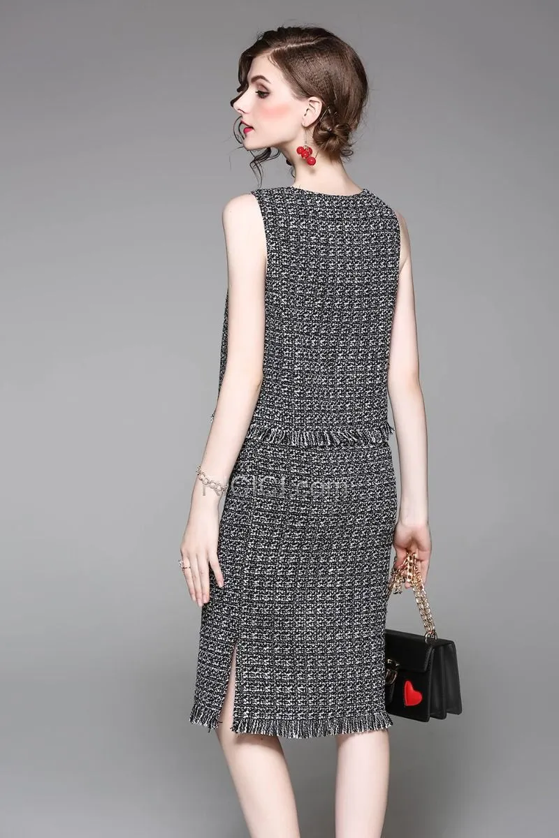 Noir Vêtements Bureau Casual Sans Manches Peplum Gland Top et Jupe Fluide Pull En Lin Simple Midi