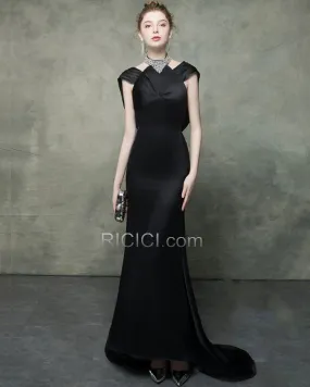 Noire Satin Belle Robe De Ceremonie Fourreau Dos Nu Robes De Bal