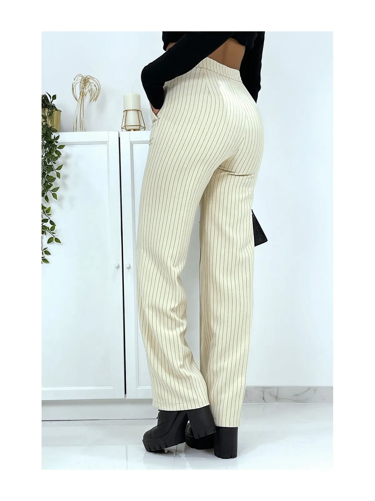 Pantalon palazzo beige à rayure avec poches