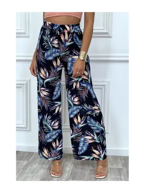 Pantalon palazzo en marine et turquoise motif feuille