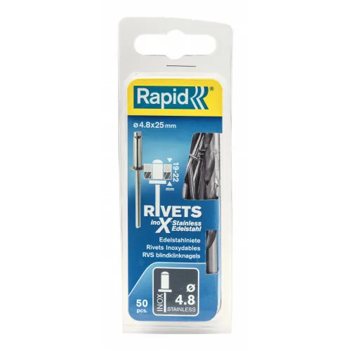 Rapid Lot de 50 rivets acier inoxydable Diam.4.8 x H.25 mm avec forêt