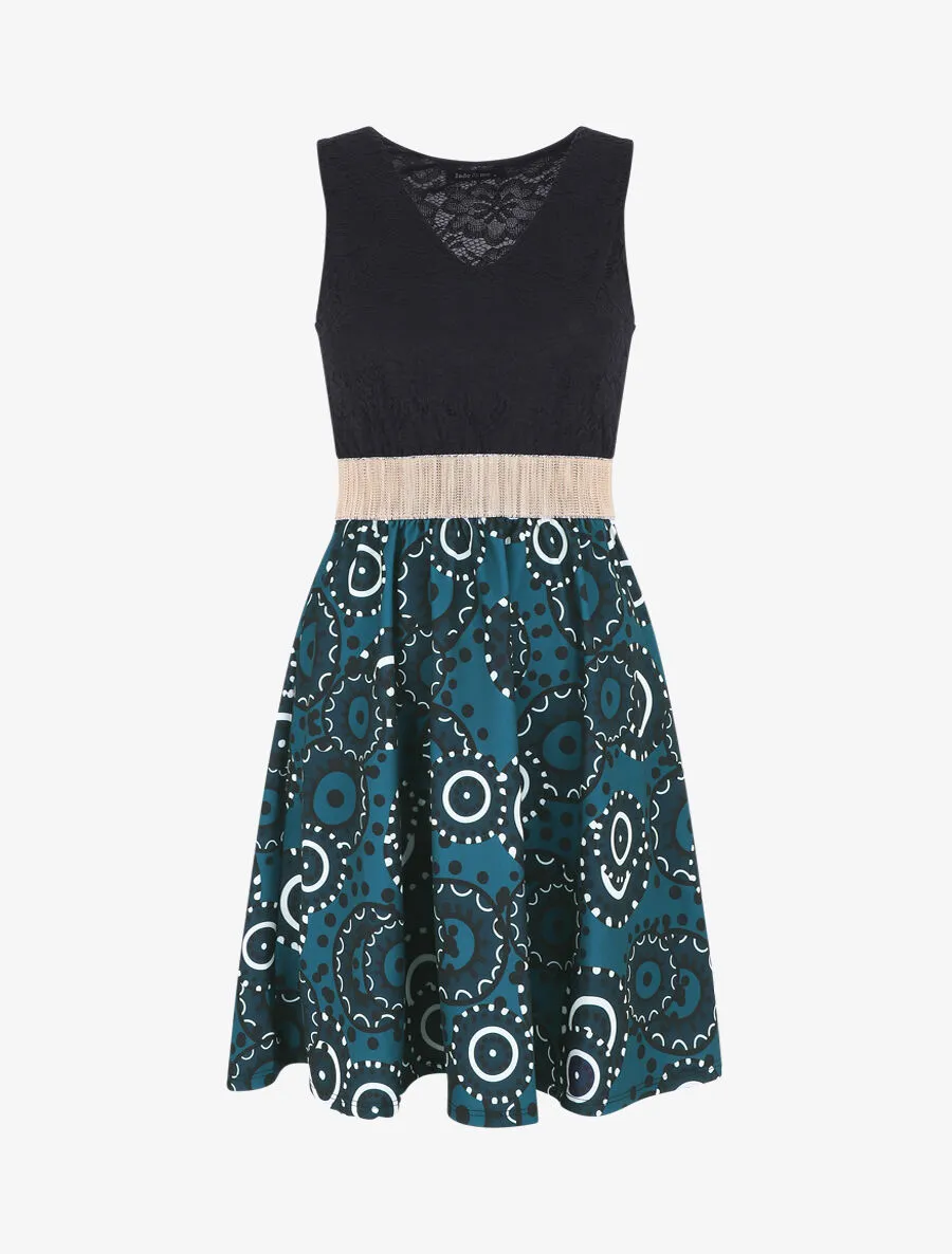 Robe évasée imprimé graphique et dentelle - Bleu canard