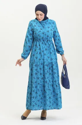 Robe Froncee A Motifs Fleuris 0398-06 Bleu 0398-06
