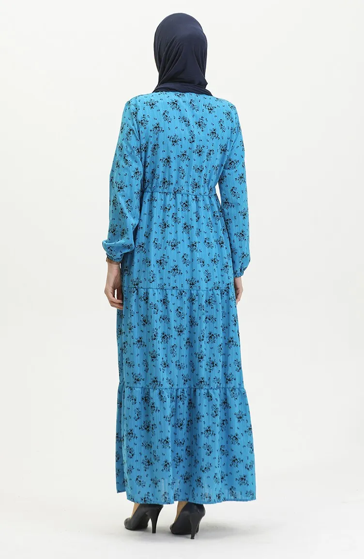 Robe Froncee A Motifs Fleuris 0398-06 Bleu 0398-06
