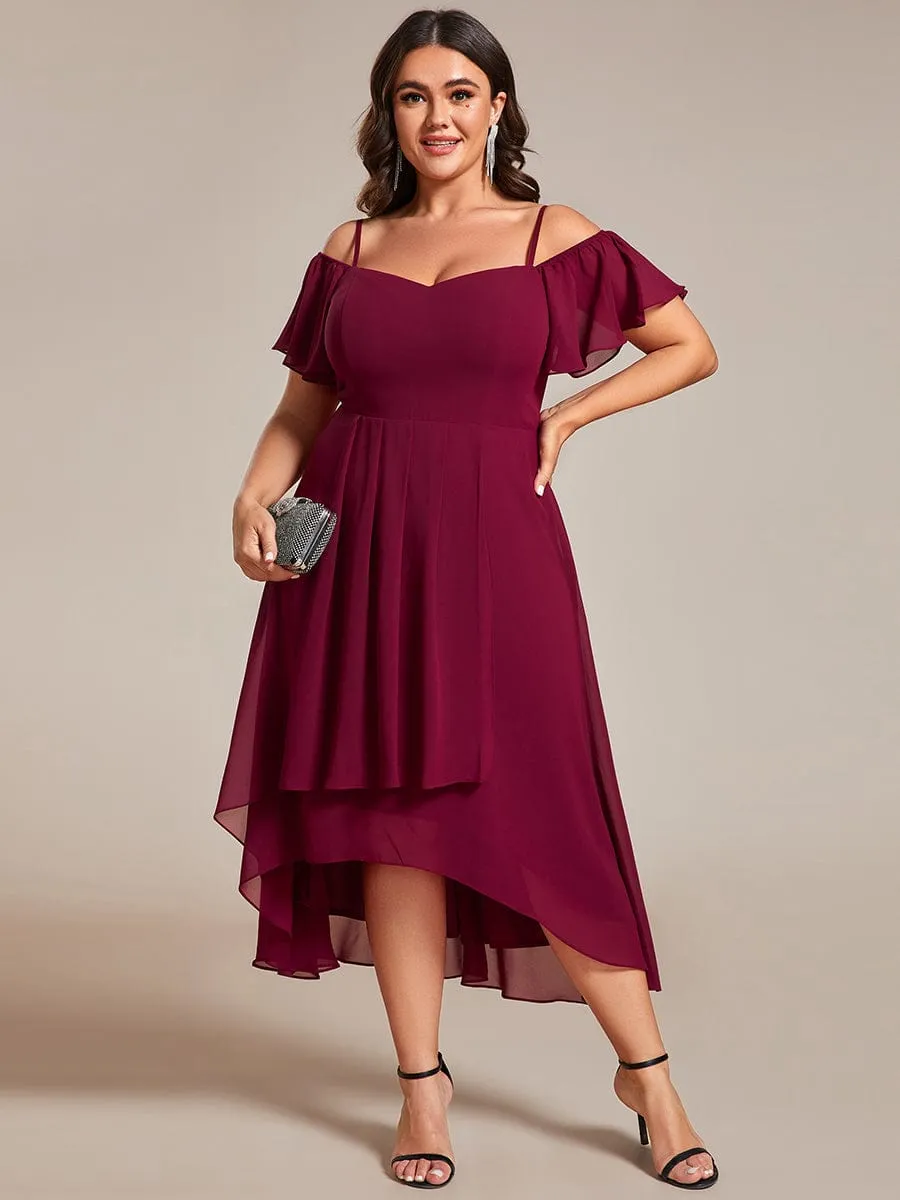 Robes d'invitées de mariage en mousseline de soie  grande taille  épaules dénudées  hautes et basses manches courtes