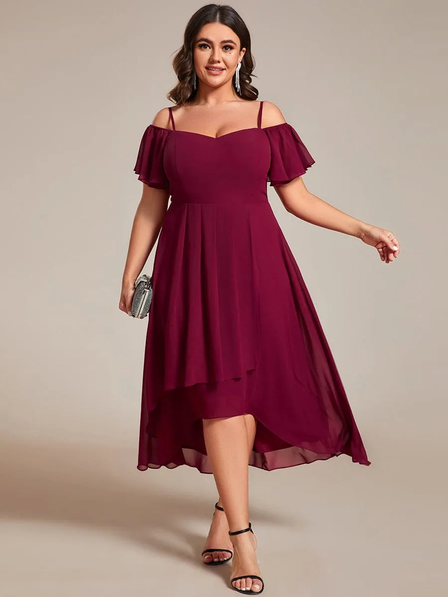 Robes d'invitées de mariage en mousseline de soie  grande taille  épaules dénudées  hautes et basses manches courtes