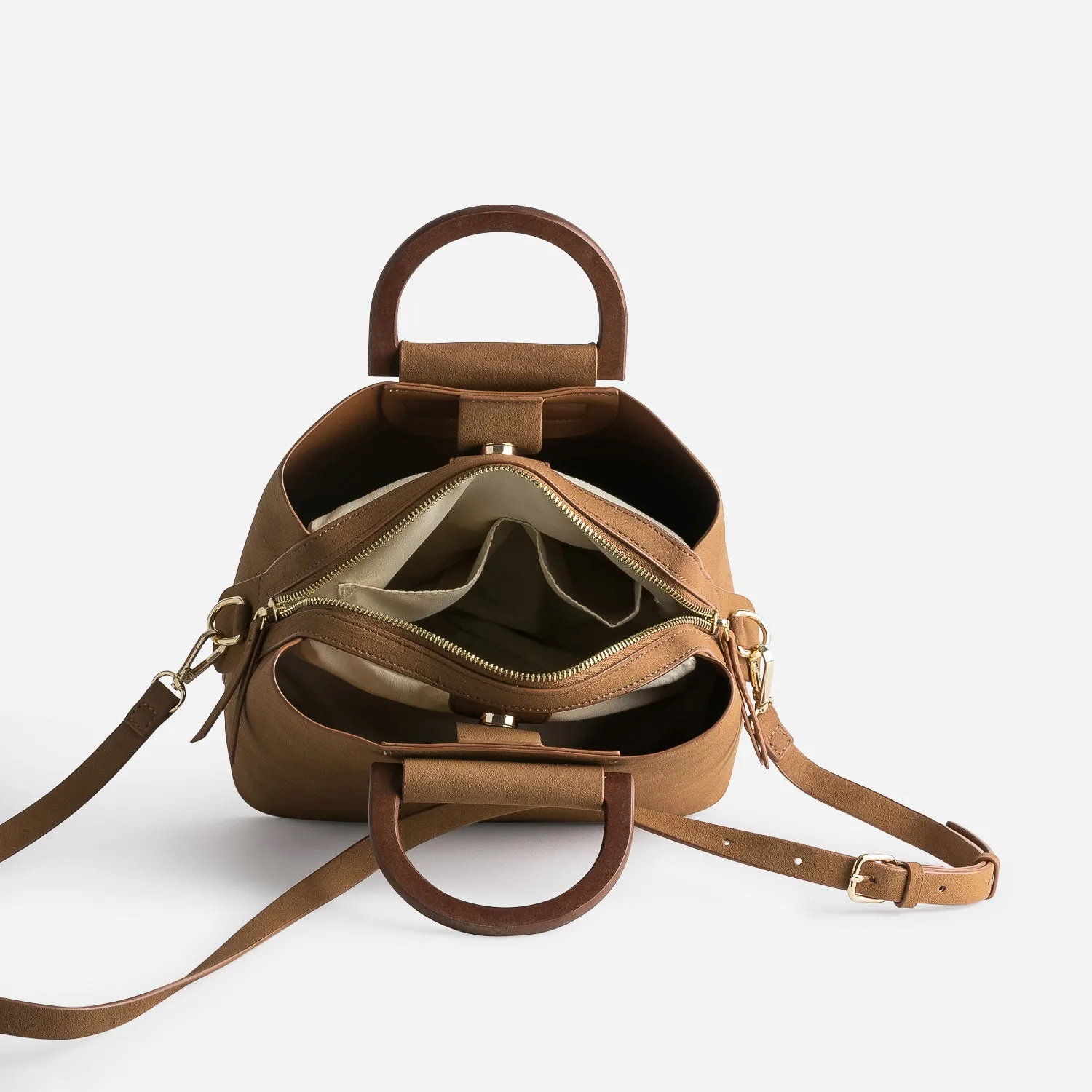 Sac à main camel trois compartiments anse effet bois - Sacs à main Maroquinerie | ERAM