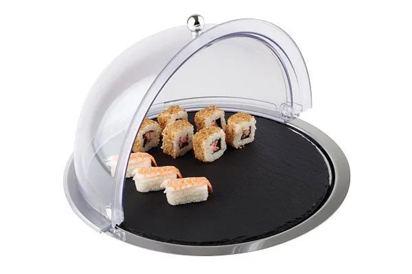 Set de buffet APS 3 pièces Ø 38 cm hauteur : 24 cm 1 plateau inox Ø 38 cm 1 assiette en ardoise naturelle Ø 33 cm 1 hotte rabatt